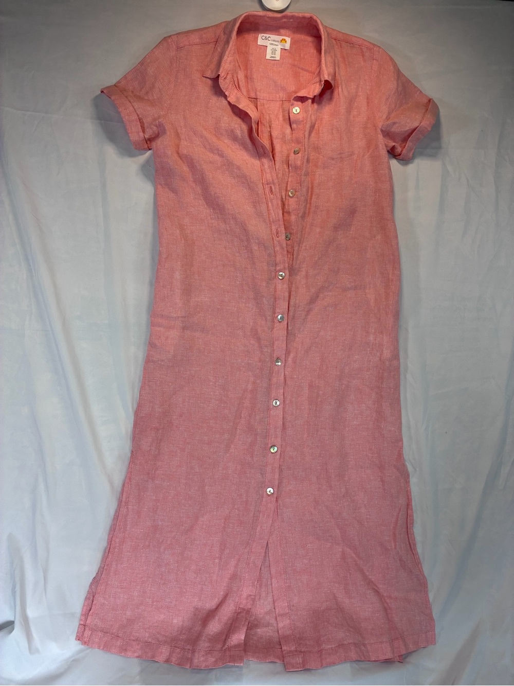 C&C California Coral-Pink Button-Down Linen Midi Dress